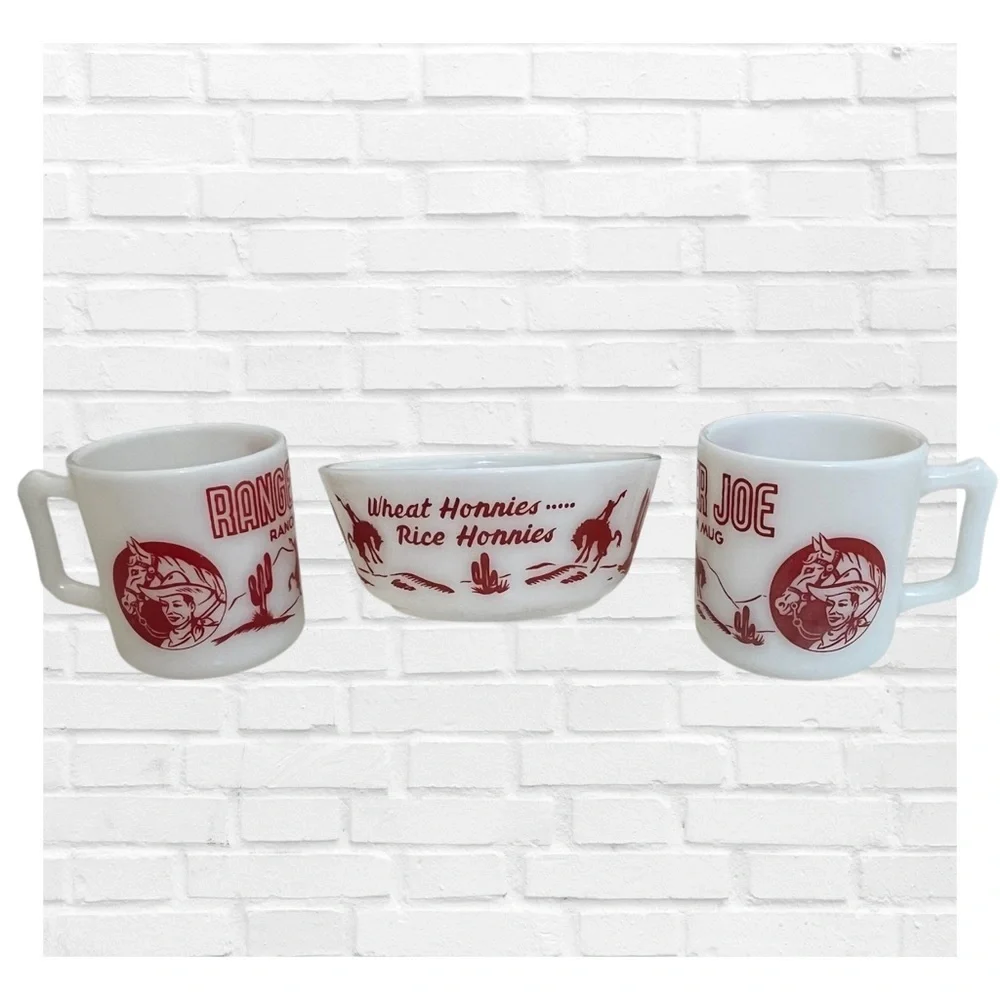 Vintage Ranger Joe Round Up Bowl and Mug Set Hazel Atlas Milk Glass 1950's Rare